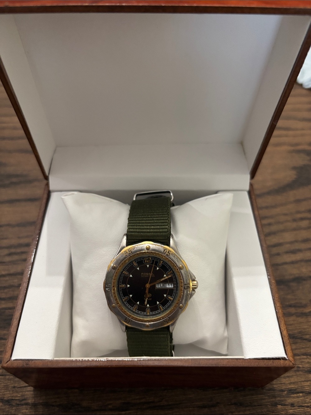Fossil Blue Two-Tone Rotating Bezel Watch – Green NATO Strap - New Battery